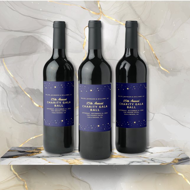 Charity Gala Ball Silent Auction Elegant Blue Gold Wine Label (Annual Charity Gala Ball Fundraiser Event Wine Bottle with Event Details, Navy Blue, Gold Stars.)