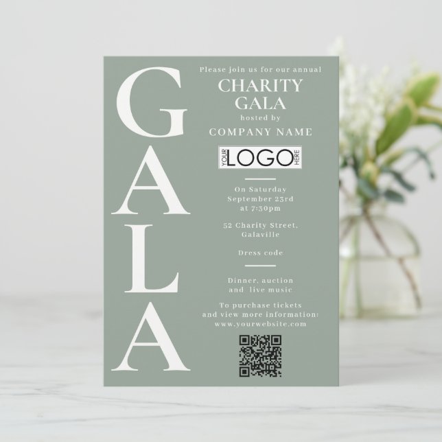 Charity Gala Fundraising Event QR Code Logo Green Invitation (Standing Front)