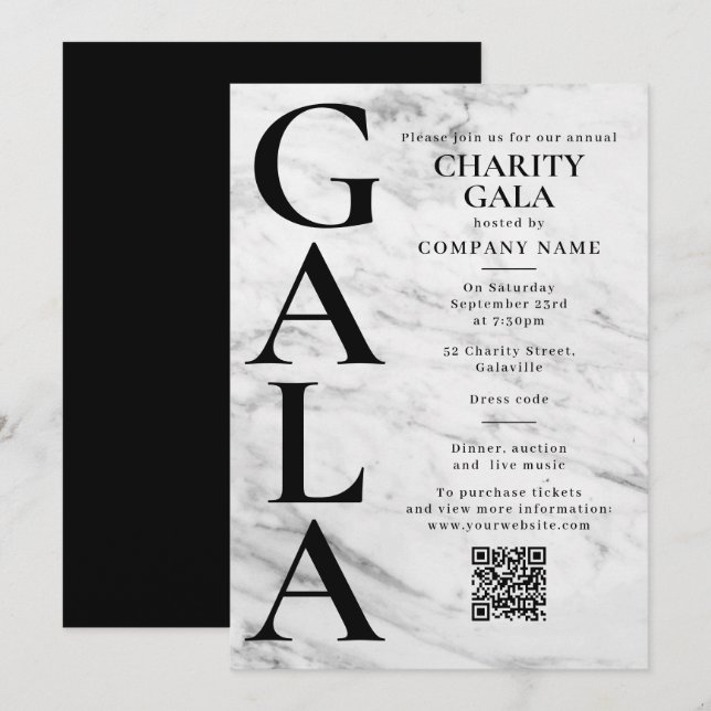 Charity Gala Fundraising Event QR Code Marble Invitation (Front/Back)