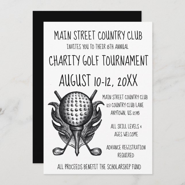 Charity Golf Tournament Sporting Event Ball Clubs Invitation (Front/Back)