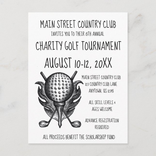 Charity Golf Tournament Sporting Event Ball Clubs Invitation Postcard (Front)