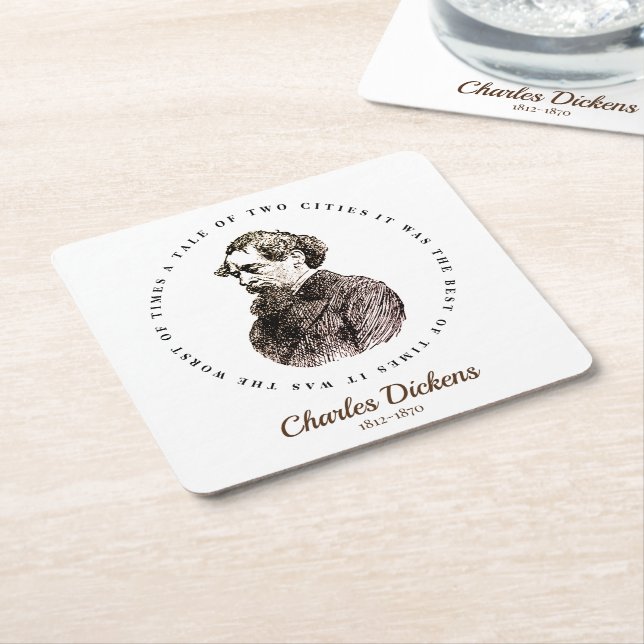 Charles Dickens Portrait and Quote Square Paper Coaster (Angled)