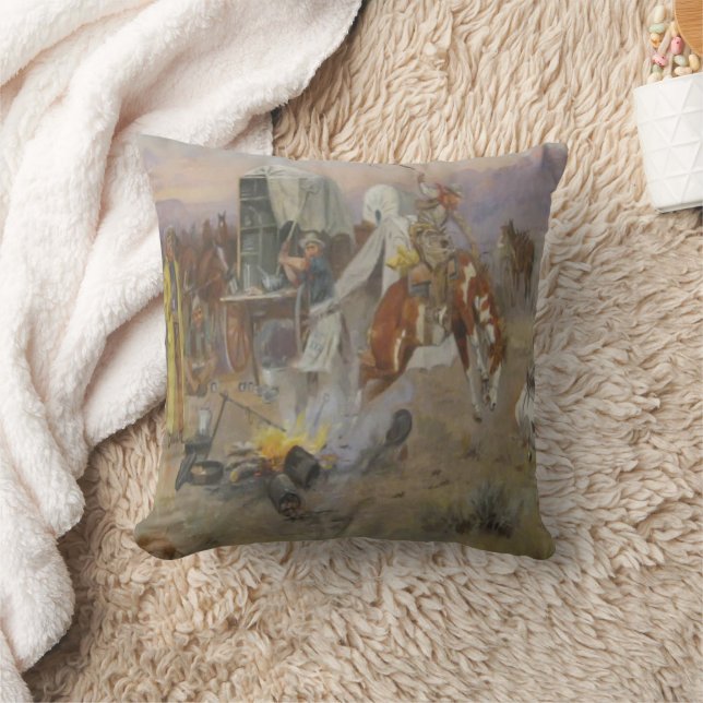 Charles M Russell  - Bronc  at Cow Camp  Doormat Cushion (Blanket)