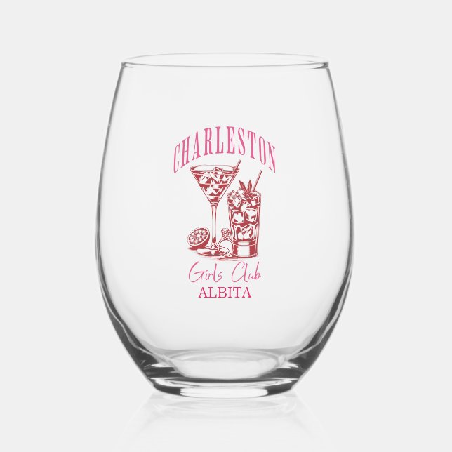 charleston bachelorette party stemless wine glass (Front)