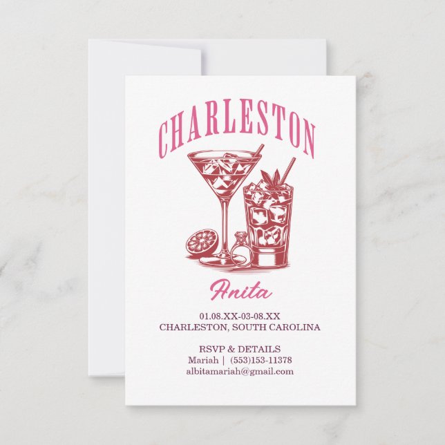 charleston bachelorette weekend cocktail pink red invitation (Front)