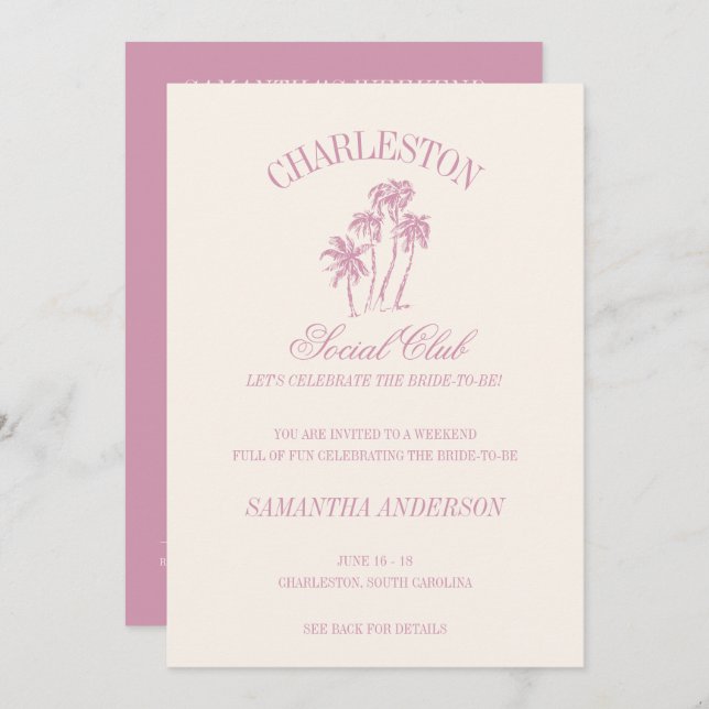 Charleston Bachelorette Weekend Pink Social Club Invitation (Front/Back)