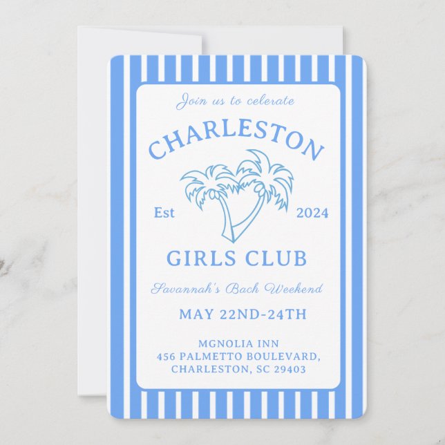 Charleston Coastal Bachelorette Itinerary Weekend Invitation (Front)