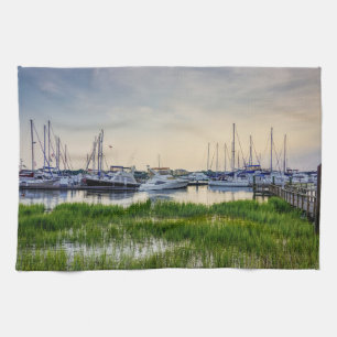Charleston Harbour Boats Sunset Tea Towel