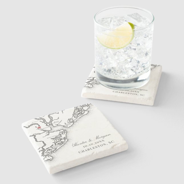 Charleston Map Elegant Black White Wedding Favour Stone Coaster (Side)