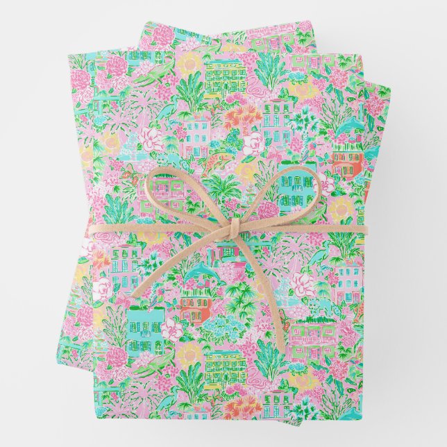 Charleston Pastel Preppy Palm Beach Pattern Print Wrapping Paper Sheet (In situ)