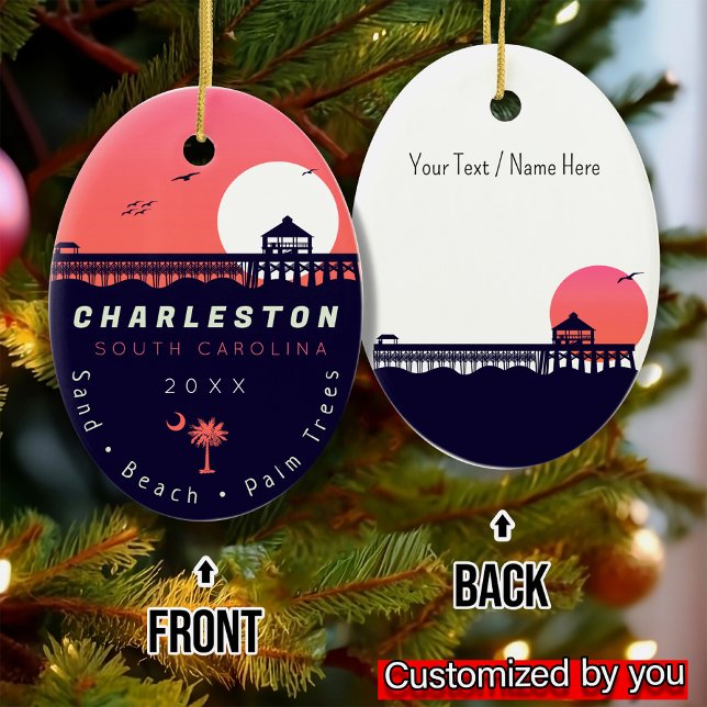 Charleston Pier SC Retro Sunset Souvenirs 60s Ceramic Ornament (Creator Uploaded)