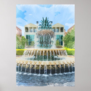 Charleston Pineapple Fountain Watercolor Poster