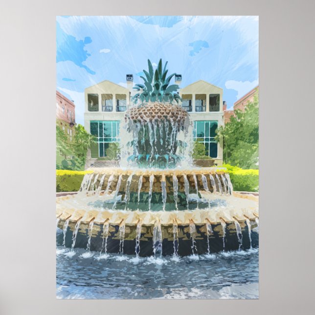 Charleston Pineapple Fountain Watercolor Poster (Front)