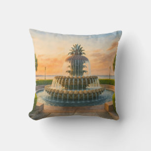 Charleston Pineapple Fountain Watercolor Sunset Cushion