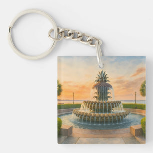 Charleston Pineapple Fountain Watercolor Sunset Key Ring