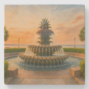 Charleston Pineapple Fountain Watercolor Sunset Stone Coaster