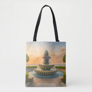 Charleston Pineapple Fountain Watercolor Sunset Tote Bag