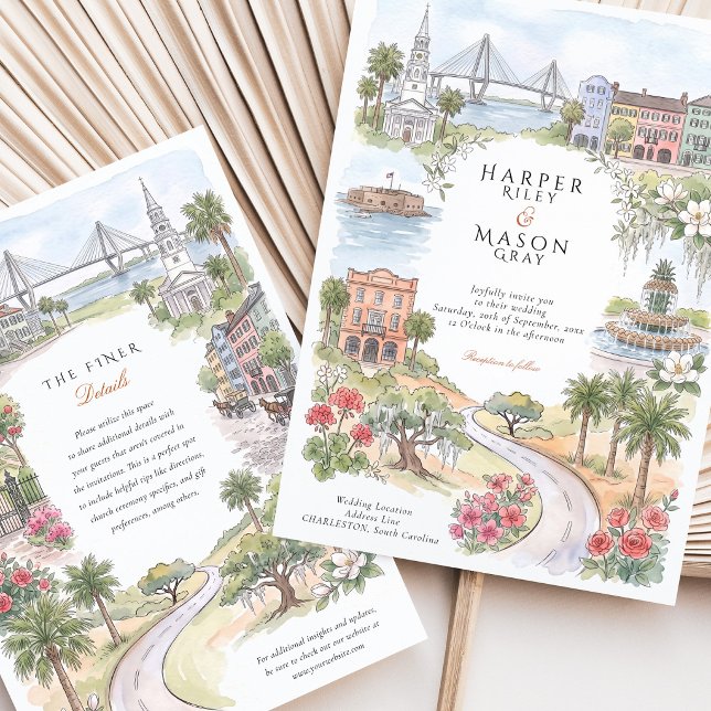 Charleston Rainbow Row Pineapple Fountain Wedding Invitation (Creator Uploaded)