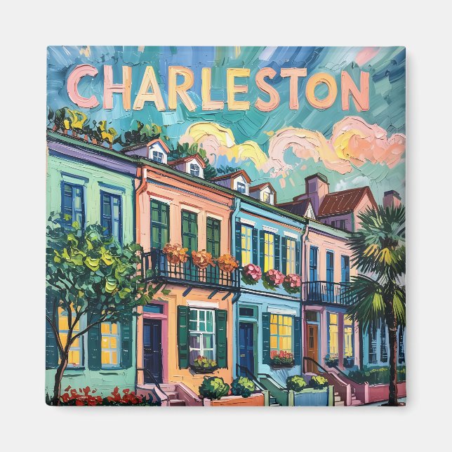 Charleston Rainbow Row Travel Van Gogh Style Magnet (Front)