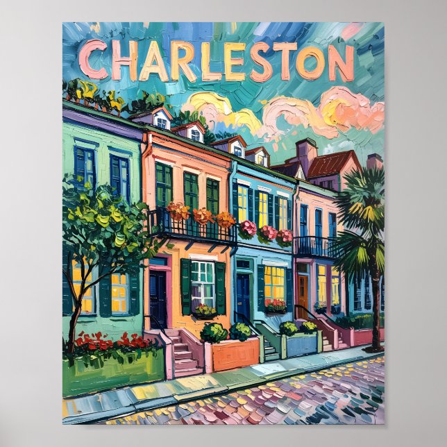 Charleston Rainbow Row Van Gogh Style Oil Painting Poster (Front)