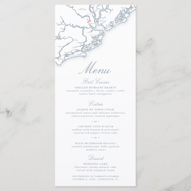 Charleston SC Map Elegant Dusty Blue Wedding Menu (Front)