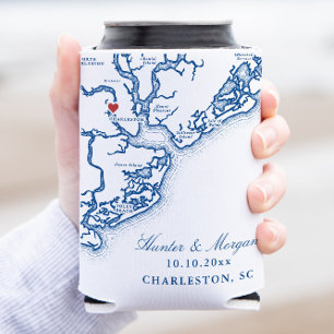 Charleston SC Map Elegant Navy Blue Wedding Favour Can Cooler