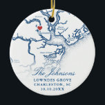 Charleston SC Map Wedding Photo Christmas Ceramic Ornament<br><div class="desc">Celebrate your Charleston wedding with a personalised keepsake Christmas ornament featuring an elegant navy blue Lowcountry South Carolina map design. Perfect for romantic venues like the William Aiken House, Boone Hall Plantation, Magnolia Plantation and Gardens, The Cedar Room, Lowndes Grove Plantation, Legare Waring House, Middleton Place, The Gadsden House, The...</div>