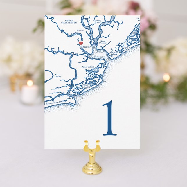 Charleston SC Map Wedding Table Number Cards (Charleston South Carolina Wedding Table Number in elegant navy blue from Coastal Map Designs)