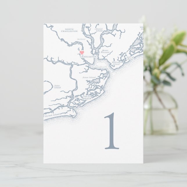 Charleston SC Map Wedding Table Number Cards (Standing Front)