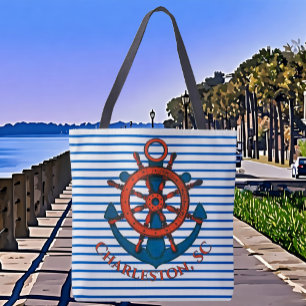 Charleston, SC Ship's Wheel and Anchor Striped Tote Bag