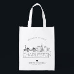 Charleston, SC Wedding | Stylised Skyline Reusable Grocery Bag<br><div class="desc">A unique wedding bag for a wedding taking place in the beautiful city of Charleston,  NC.  This bag features a stylised illustration of the city's unique skyline with its name underneath.  This is followed by your wedding day information in a matching open lined style.</div>