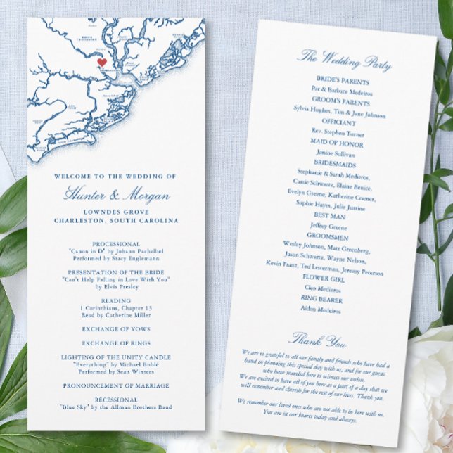 Charleston South Carolina Navy Destination Wedding Program (Charleston SC Map Wedding Program for an elegant navy blue destination wedding. Coastal Map Designs)