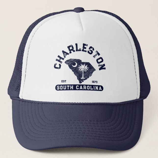 Charleston South Carolina Navy Map Flag Trucker Hat (Front)