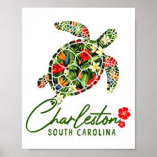 Charleston South Carolina Sea Turtle Tropical Hibi Poster
