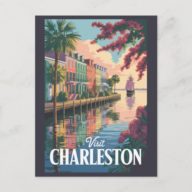 Charleston South Carolina Waterfront Illustration Postcard (Front)