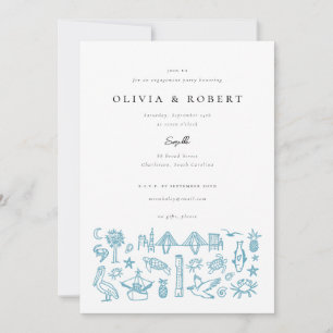 Charleston Toile Border in Blue Engagement Party  Invitation
