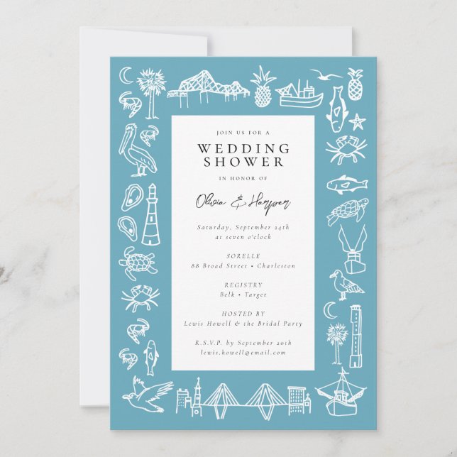 Charleston Toile Border in Blue Shower Invitation (Front)