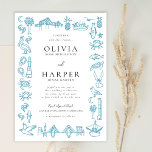 Charleston Toile Border in Blue Wedding Invitation<br><div class="desc">This wedding invitation features whimsical and charming illustrations of typical Charleston, South Carolina and Lowcountry icons, including the Sullivan's Island Lighthouse, the Morehouse Lighthouse, the Ravenel Bridge, pelicans, palmetto trees, shrimp, sea turtles, oysters, crabs, fish, seagulls, shrimp boats, and even the old Cooper River Bridge. The back features an optional...</div>