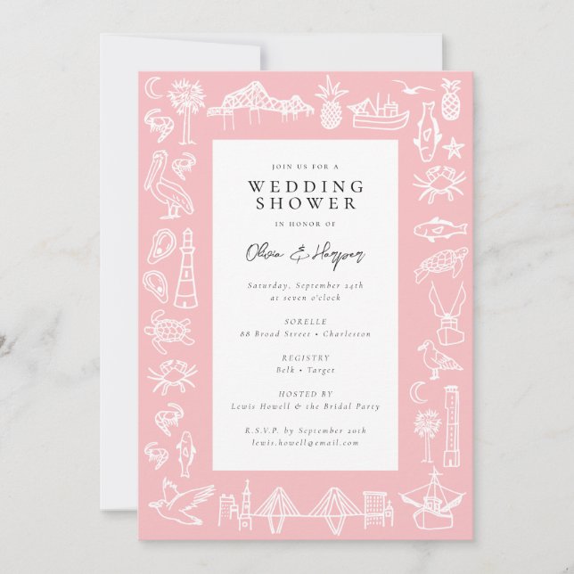 Charleston Toile Border in Pink Shower Invitation (Front)
