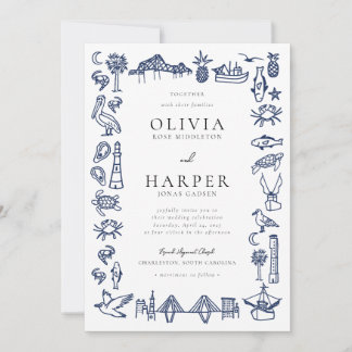 Charleston Toile Navy Blue Wedding Invitation