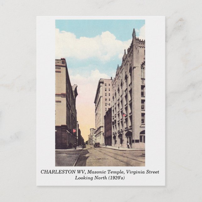 Charleston WV 1920s Masonic Temple Virginia Street Postcard (Front)