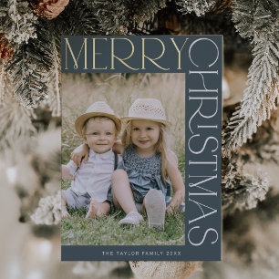 CHARLIE Blue Gold Foil Fun Photo Merry Christmas Foil Holiday Card