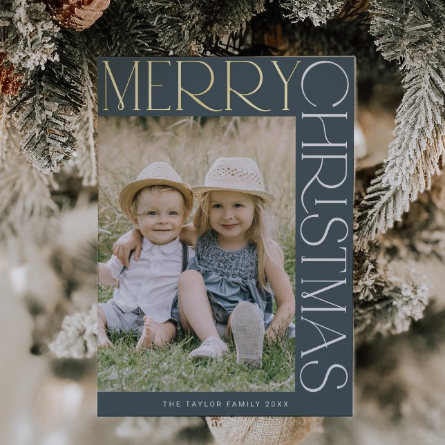CHARLIE Blue Gold Foil Fun Photo Merry Christmas Foil Holiday Card (CHARLIE Blue Gold Foil Fun Photo Merry Christmas Foil Holiday Card)