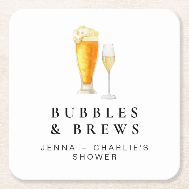 CHARLIE Bubbles & Brews Couples Shower Welcome Square Paper Coaster (Front)