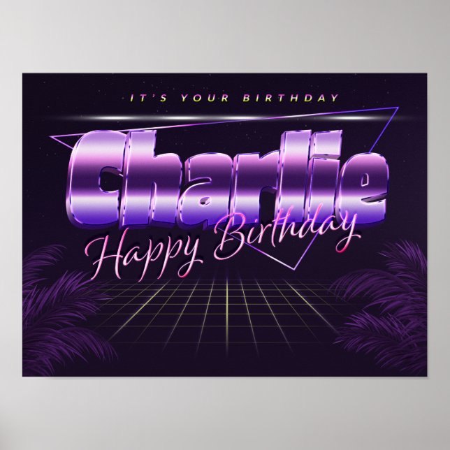 Charlie First Name Purple Retro Poster Birthday (Front)