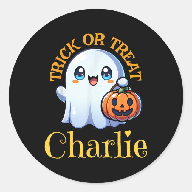 Charlie Personalised Name Cute Ghost Halloween  Classic Round Sticker (Front)