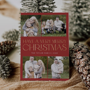 CHARLIE Red Gold Foil Family Multi Photo Christmas Holiday Card