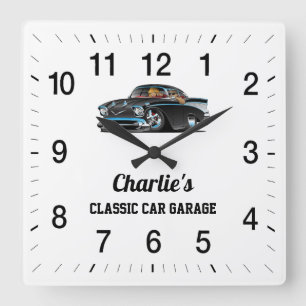 Charlie's Classic Car Garage Square Wall Clock