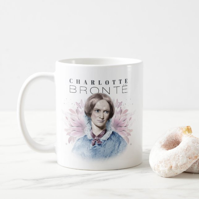 Charlotte Bronte Portrait by Richmond with Flowers Coffee Mug (With Donut)