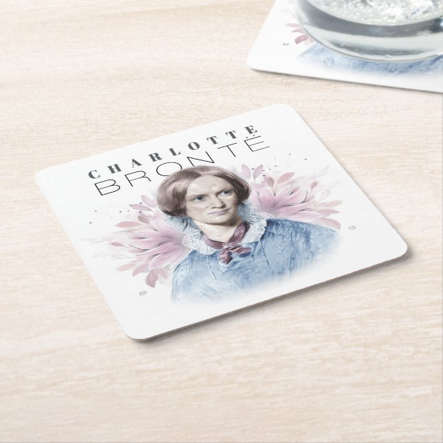 Charlotte Bronte Portrait by Richmond with Flowers Square Paper Coaster (Angled)